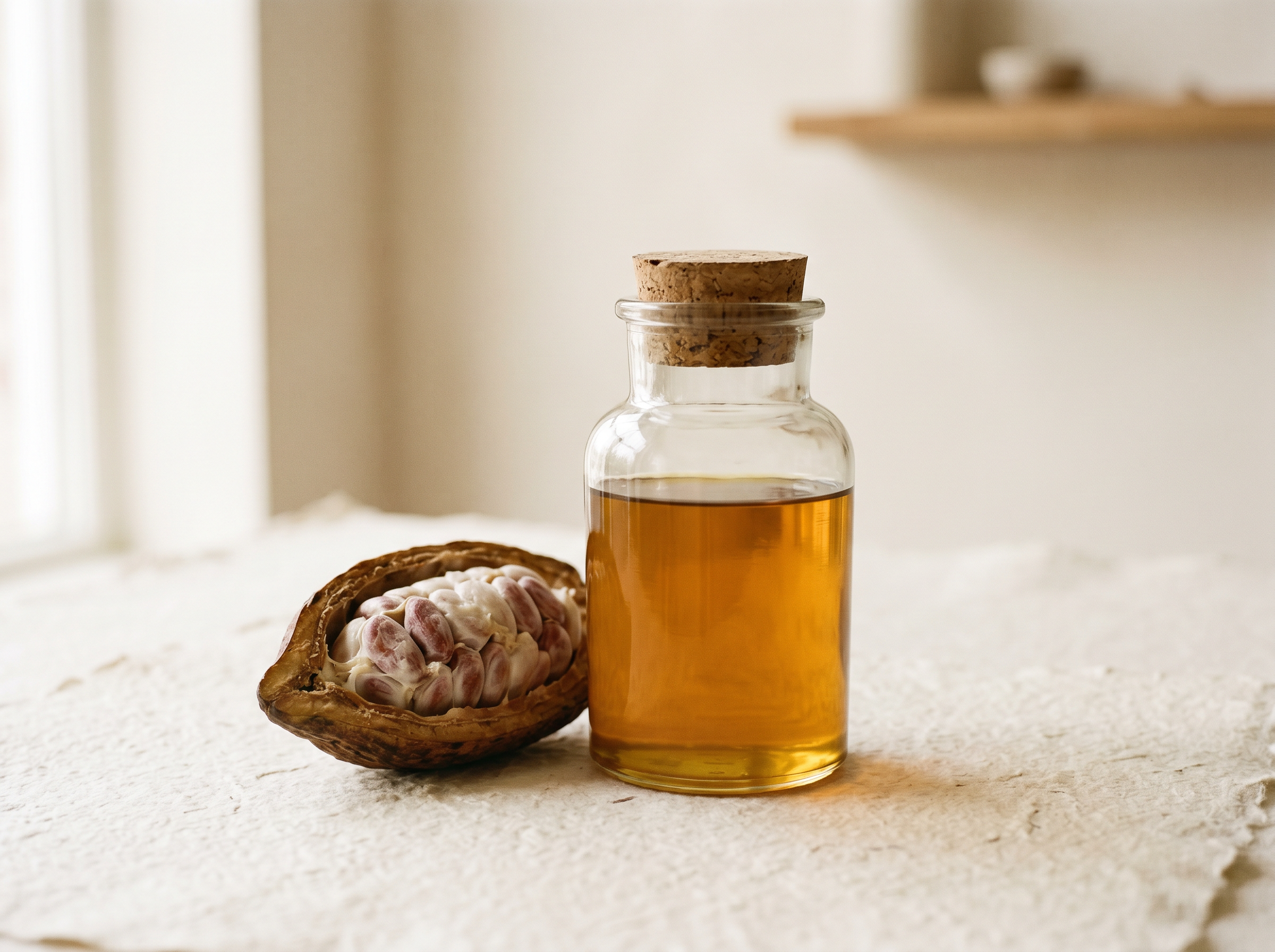 Non-palm cocoa butter equivalent beside open cocoa pod