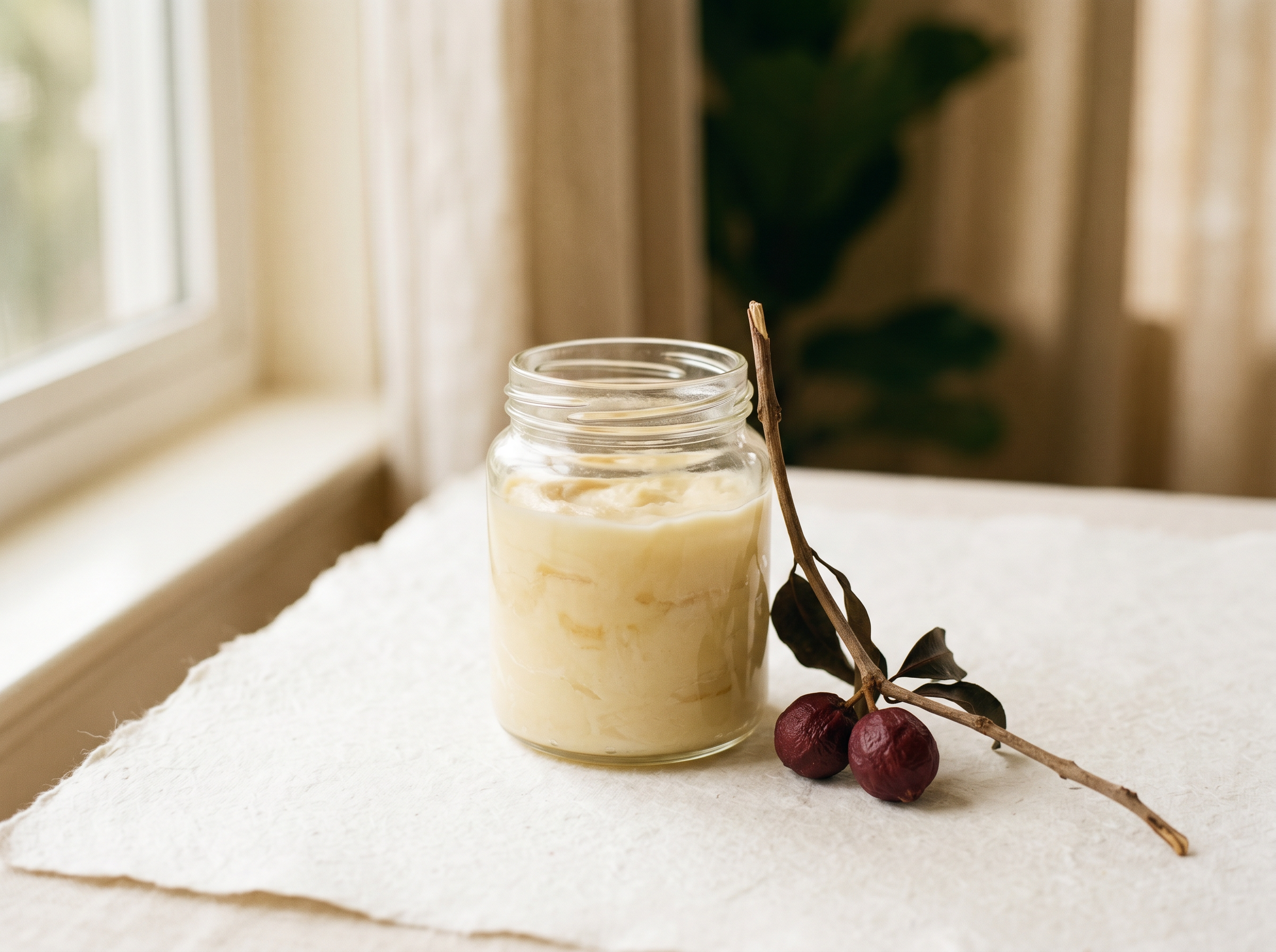Hand-pressed kokum butter beside ripe kokum fruit on raw jute