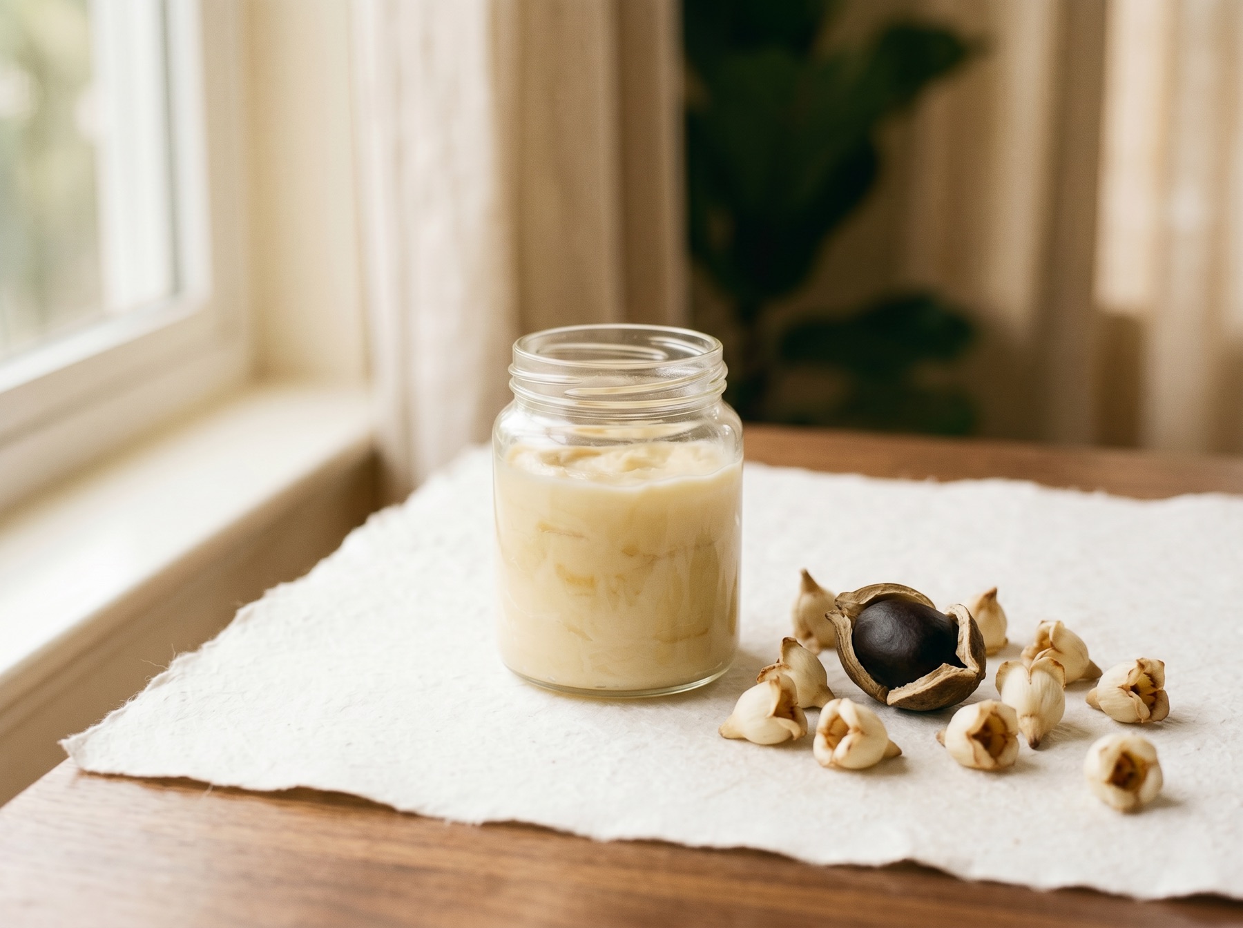 Mahua butter with dried Madhuca longifolia blossoms and seed