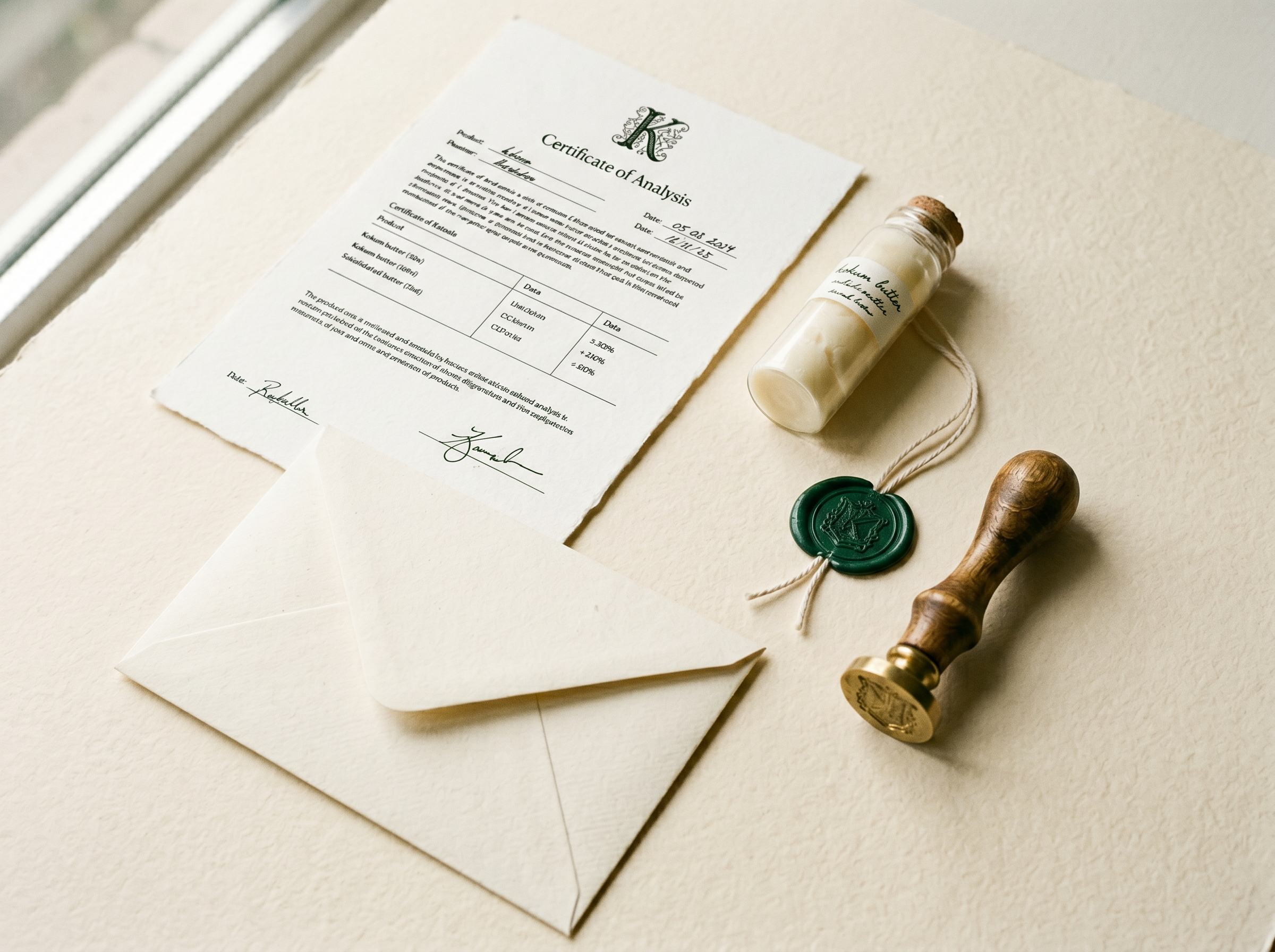 Certificate of analysis with wax seal and sample vial