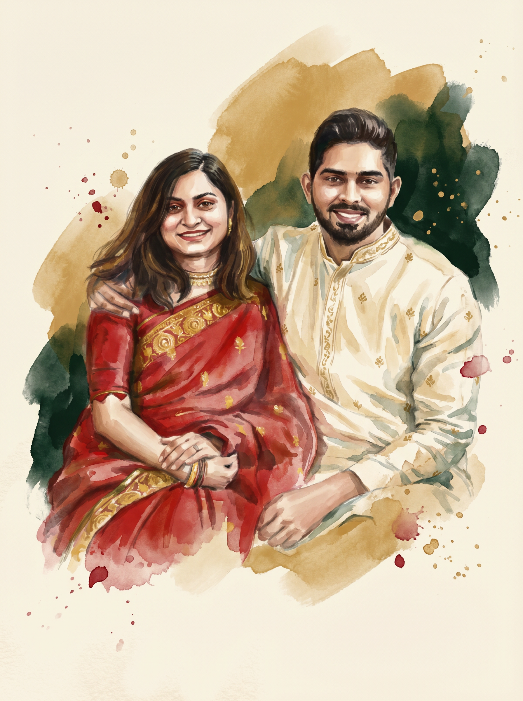 Tejas Dudhade and Alasha Shirke, co-founders of Precision Organics — editorial watercolour portrait.