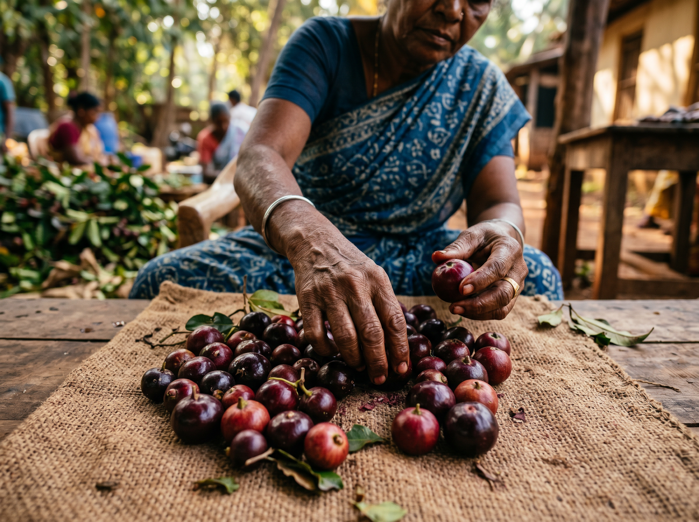Kokum kernels being hand-graded on jute
