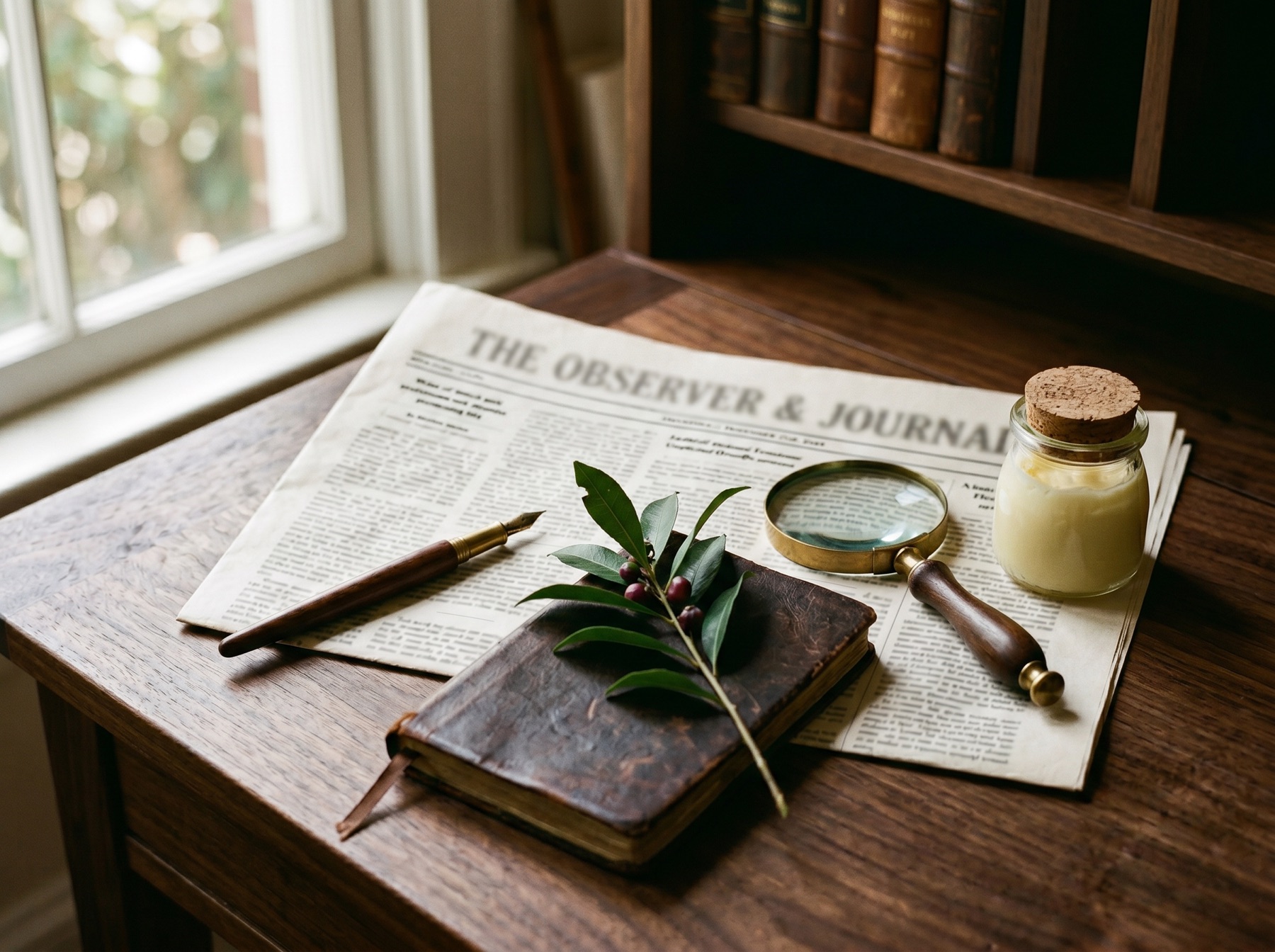 Konkan Daily — printed intelligence briefing with gold pen and butter vial