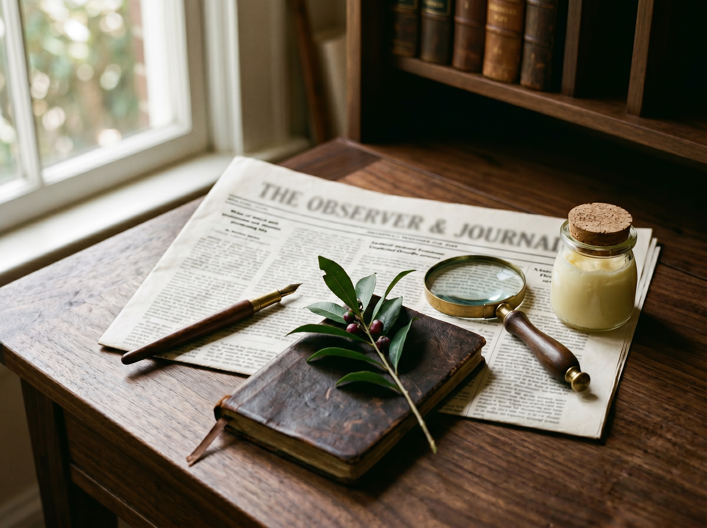 Konkan Daily — printed intelligence briefing with gold pen and butter vial